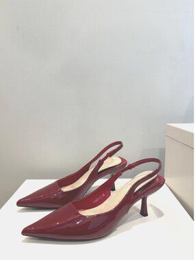 Red Wine Slingback Kitten Heels - Burgundy Patent Leather Pointed Toe Pumps
